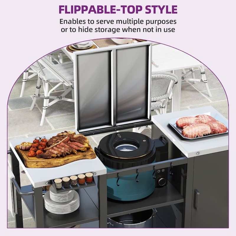 Moasis Wheeled Grill Cart Table w/Removable Stainless Steel Top and Trash Bag Holder