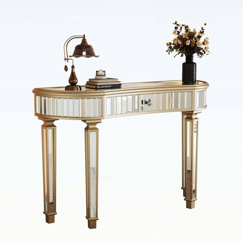Half-Moon Mirrored Console Table with Fluted Glass,Crystal Knob Drawer