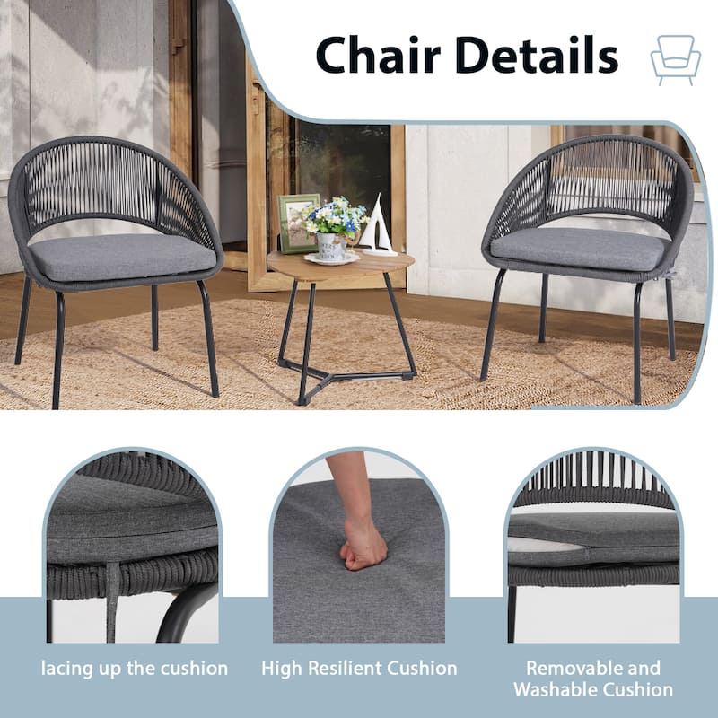 Luxurious 3-Piece Metal Woven Rope Outdoor Bistro Set with Gray Cushion & Coffee Table - 24.8*24.6*29.2 INCH