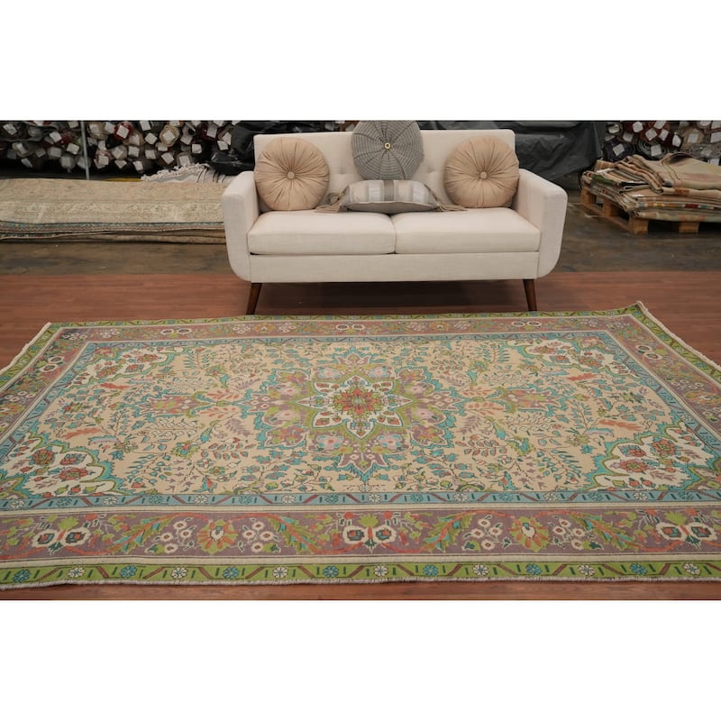 Hand Knotted Oriental 100% Wool Carpet Traditional Floral Beige & Ivories Tabriz Area Rug - 9' 8'' X 6' 4''