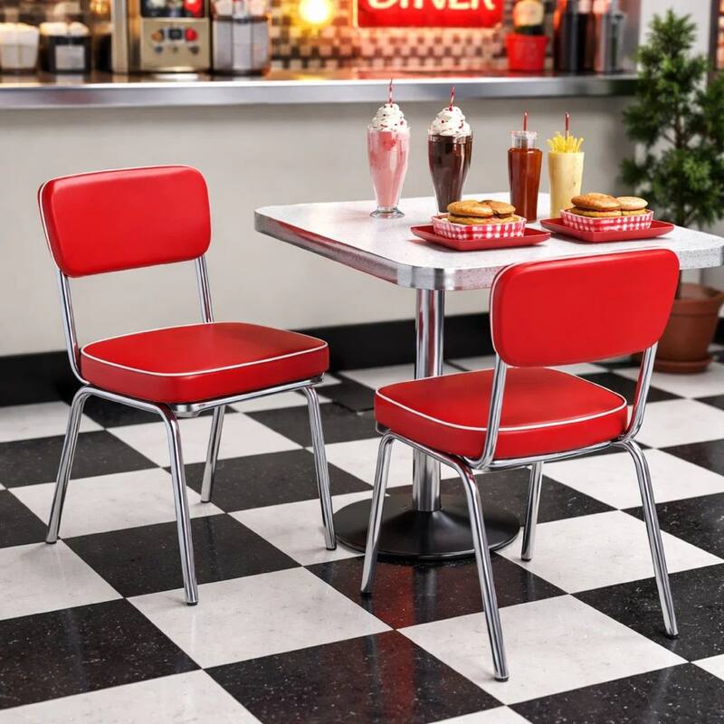 Dining Side Chair Set of 2, Retro Red Faux Leather, Chrome Metal Legs