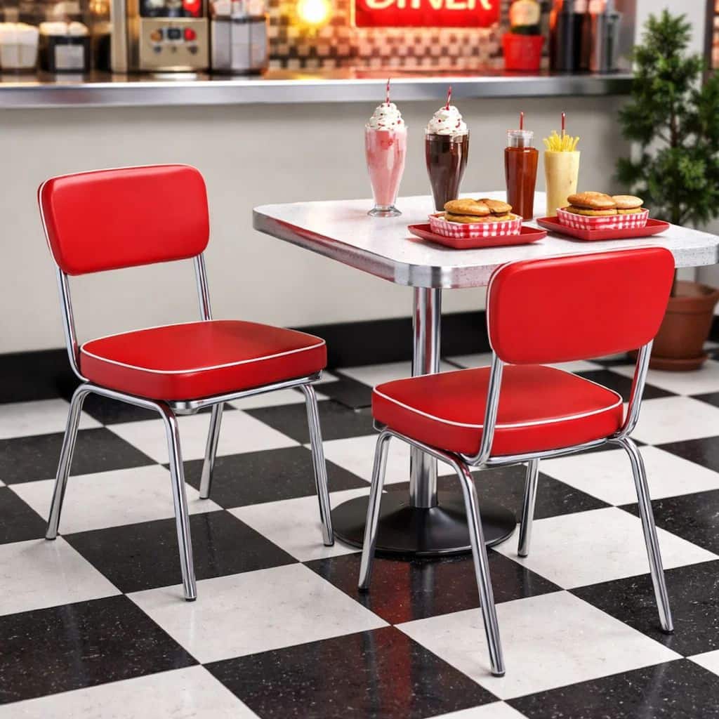 Dining Side Chair Set of 2, Retro Red Faux Leather, Chrome Metal Legs