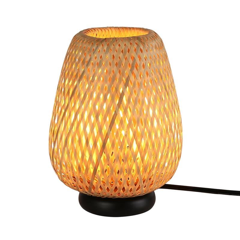 Rattan Bamboo Woven Japanese Stye Table Lamp, Retro Wicker Handmade Boho Nightlight Reading Lamp for Bedrooms Living Room