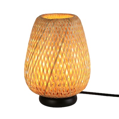 Rattan Bamboo Woven Japanese Stye Table Lamp, Retro Wicker Handmade Boho Nightlight Reading Lamp for Bedrooms Living Room