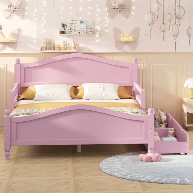 Wood Platform Bed with Guardrails on Both Sides and Two Storage Drawers
