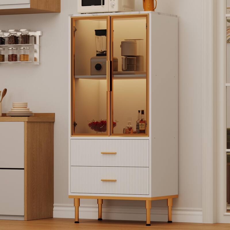 Pantry Cabinet, Freestanding Kitchen Storage Cabinet with Glass Door and 2 Drawers, Modern Kitchen Cupboard with 2