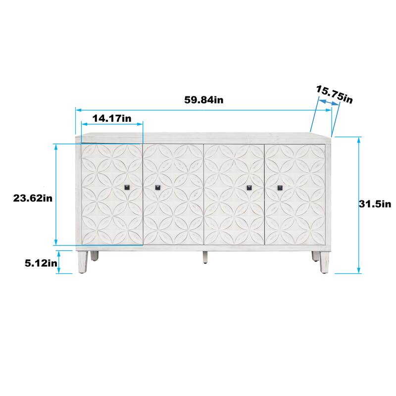 59.84" White 4 Door Wooden Cabinet - 59.84 inches L x 15.75 inches W x 31.5 inches H