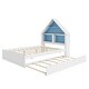 preview thumbnail 8 of 7, White+Blue Full Size Wood House-Shaped Bed with Bookcase Headboard and Led Light and Trundle for Kids Boys Girls