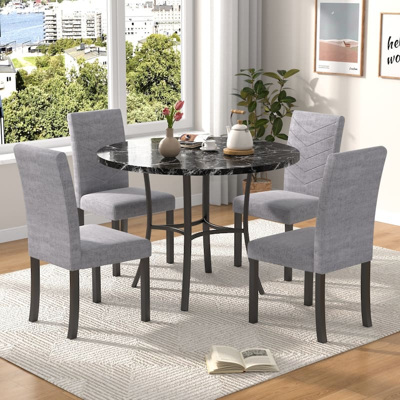 VECELO 5-piece Dining Set, Round Dining Table Set with Upholstered Parsons Dining Chairs for Small Space - Grey