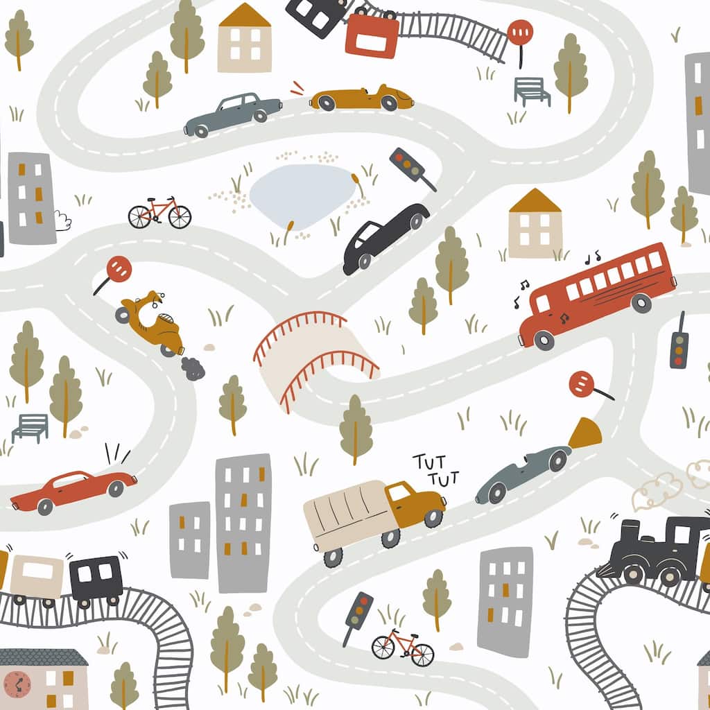 Galerie Wallcoverings Day Dreamers Multi-Colored Kids Driving Cars 118.1-Inches Wide x 9.3-Feet High 6-Panel Wall Mural