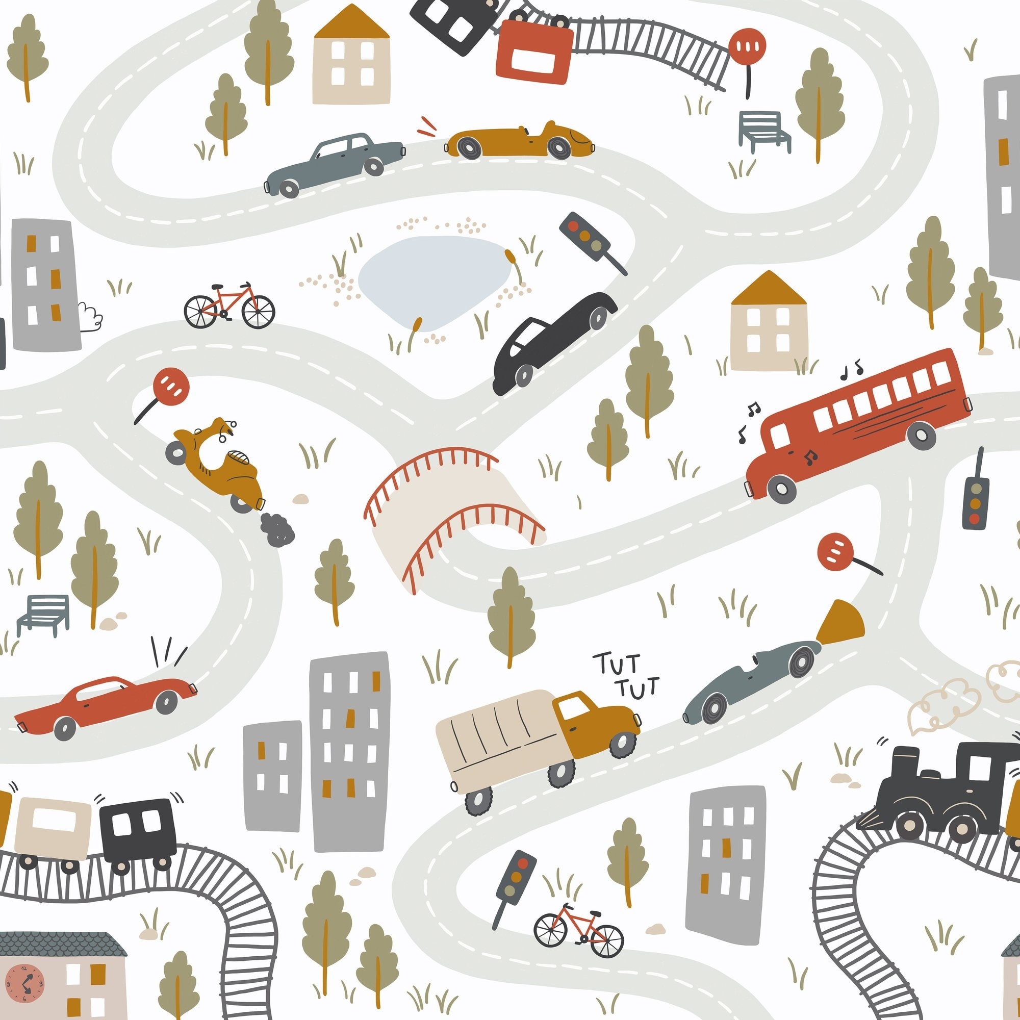 Galerie Wallcoverings Day Dreamers Multi-Colored Kids Driving Cars 118.1-Inches Wide x 9.3-Feet High 6-Panel Wall Mural