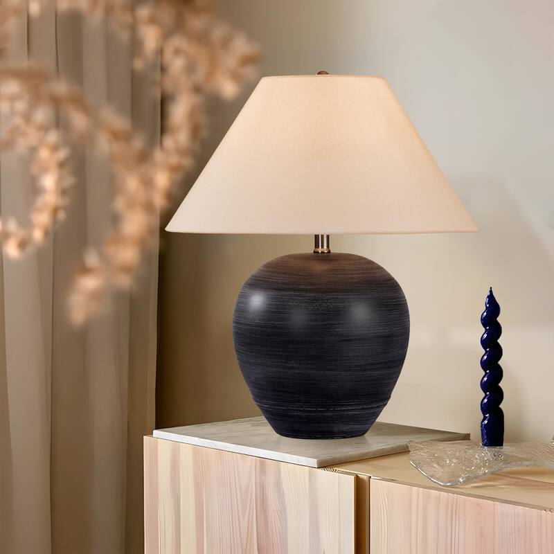 Global Accent Ceramic Table Lamp with Linen Shade - Large size: 21"H x 18"W x 18"D - Black Striped
