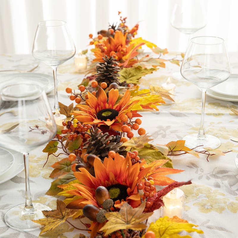 Glitzhome Fall Harvest Sunflower Maple Leaf Berry Garland Swag Wreath