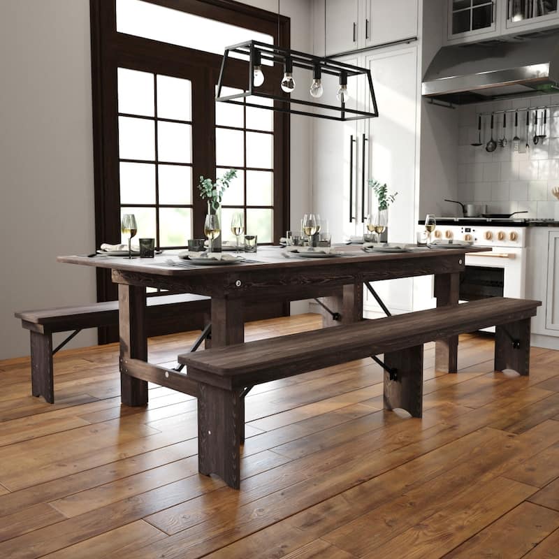 8' x 40" Rectangular Antique Rustic Solid Pine Folding Farm Table - 96"D x 40"W x 30"H - Mahogany