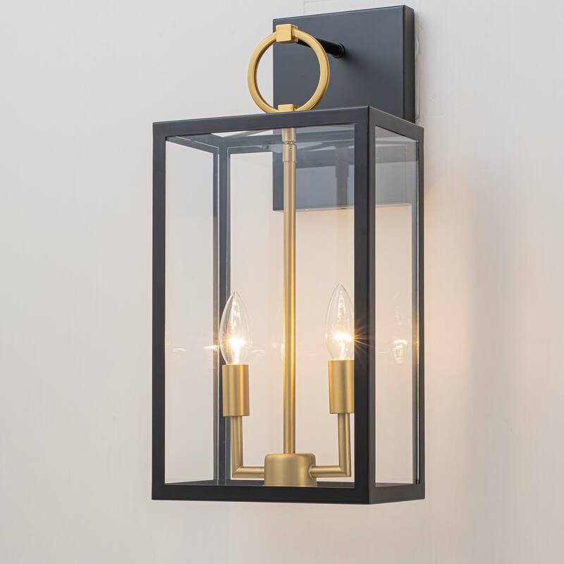 2-Light Modern Transitional Black & Gold Glass Lantern Wall Sconce for Entryway & Hallway - 2 Light - 2 Light - Black
