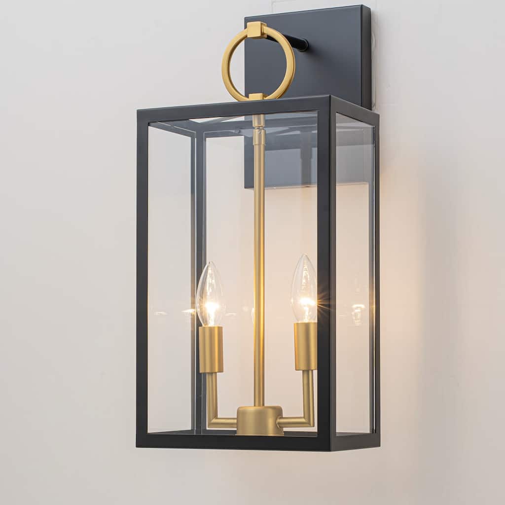 2-Light Modern Transitional Black & Gold Glass Lantern Wall Sconce for Entryway & Hallway - 2 Light