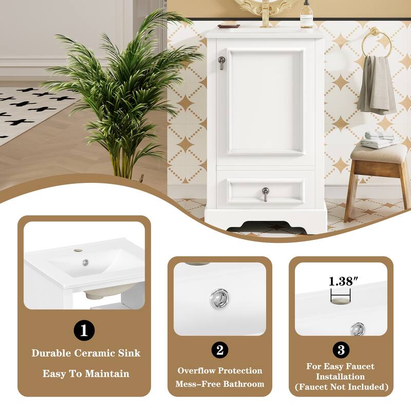 20" Bathroom Vanity with Ceramic Sink Bathroom Storage Cabinet with Adjustable U-Shaped and Drawer