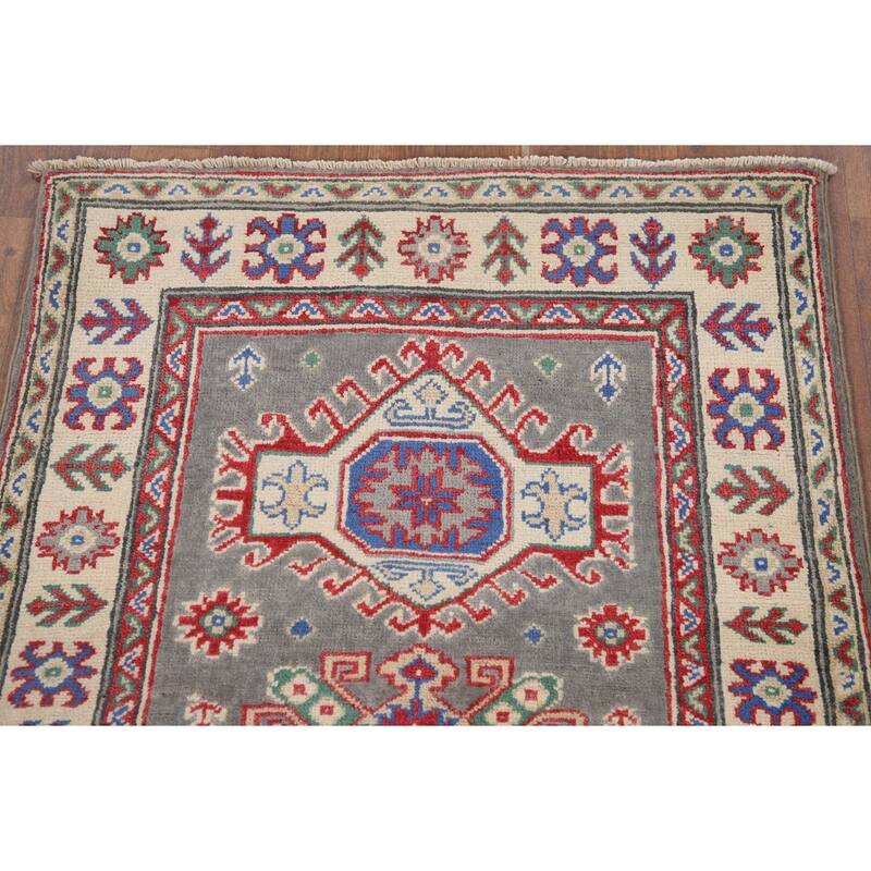 Hand Knotted Oriental 100% Wool Carpet Traditional Geometric Greys & Charcoal Kazak Runner Rug - 6' 7'' X 2' 7''