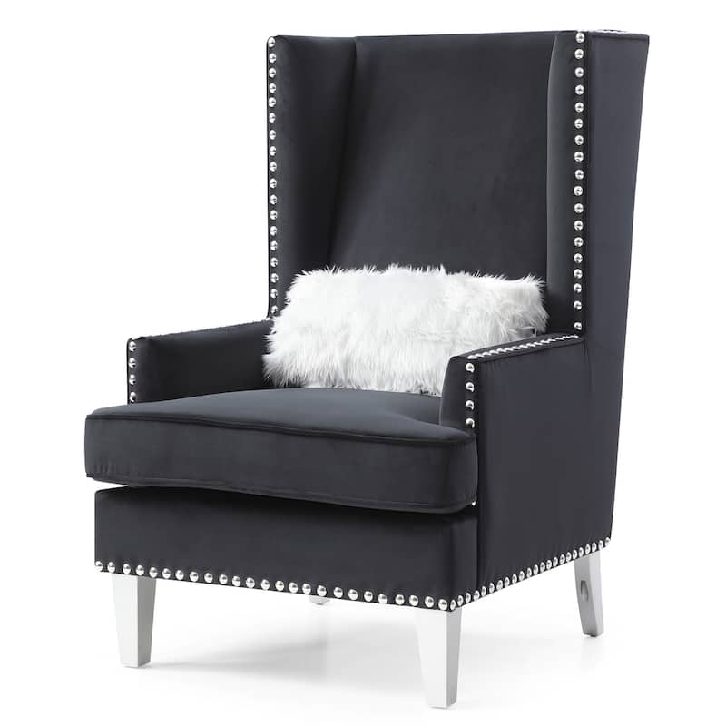 Solid High Back Velvet Accent Chair with Fur Pillow - 47" - Black