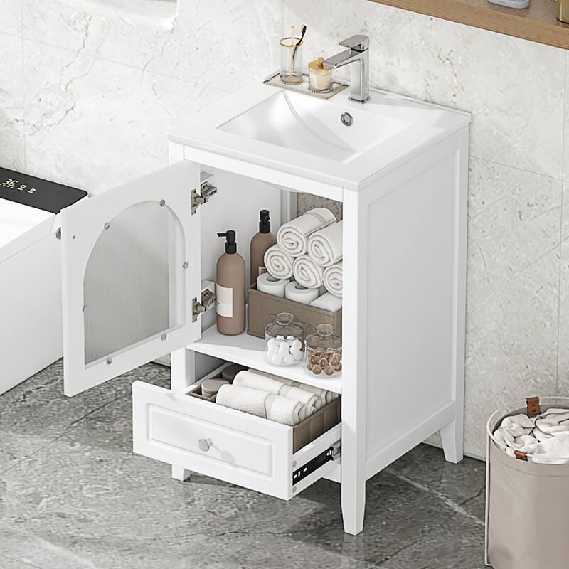Bathroom Vanity with Ceramic Sink, Single Basin Vanity Set with Door and Drawer, Bathroom Cabinet with Soft Closing Glass Door