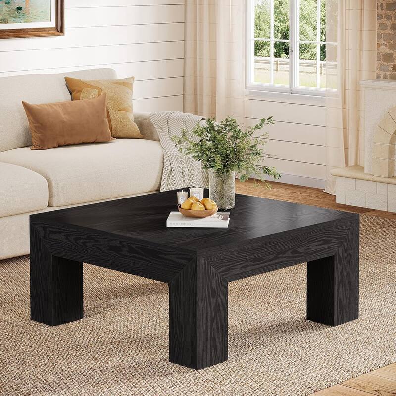 Farmhouse Square Coffee Table for Living Room, 39.37-Inch Low Large Center Tea Accent Table - Black