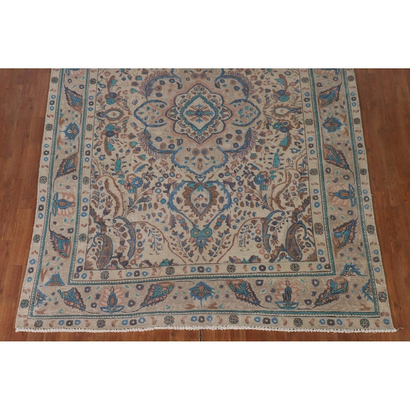 Over-Dyed Tabriz Persian Vintage Area Rug Handmade Beige Wool Carpet - 6'9"x 9'1"