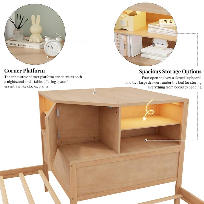 All-in-one Low Profile Platform Bed with Trundle and Drawer, Wooden Floor Bed Linked Corner Bed Built-in Desk and Led Downlight