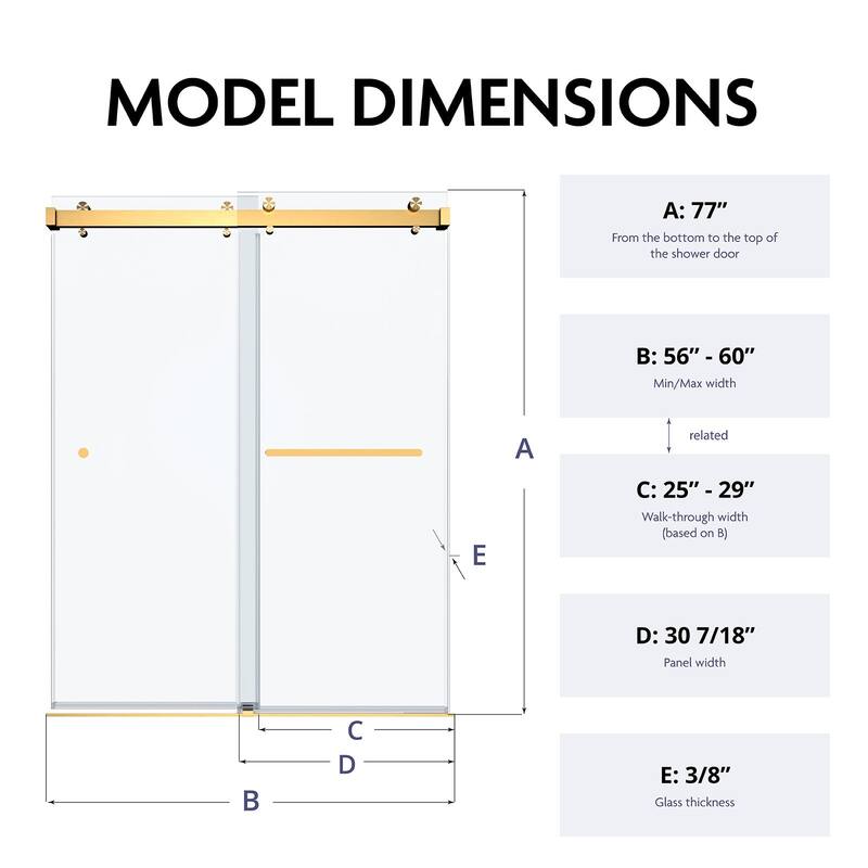 Glassic SP Series 56” - 60" W x 77” H Double Sliding Frameless Glass Shower Doors With 3/8" Clear Tempered Glass