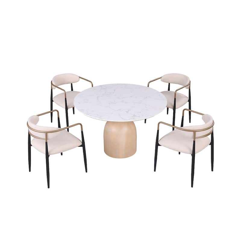 Contemporary 5pc Natural Finish Round Dining Set Table and Chairs - 5-Piece Set