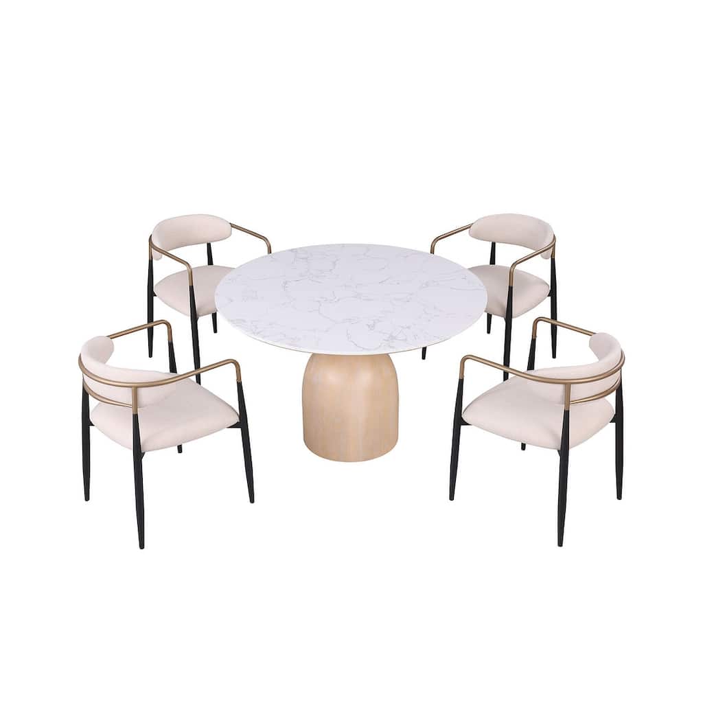 Contemporary 5pc Natural Finish Round Dining Set Table and Chairs - 5-Piece Set