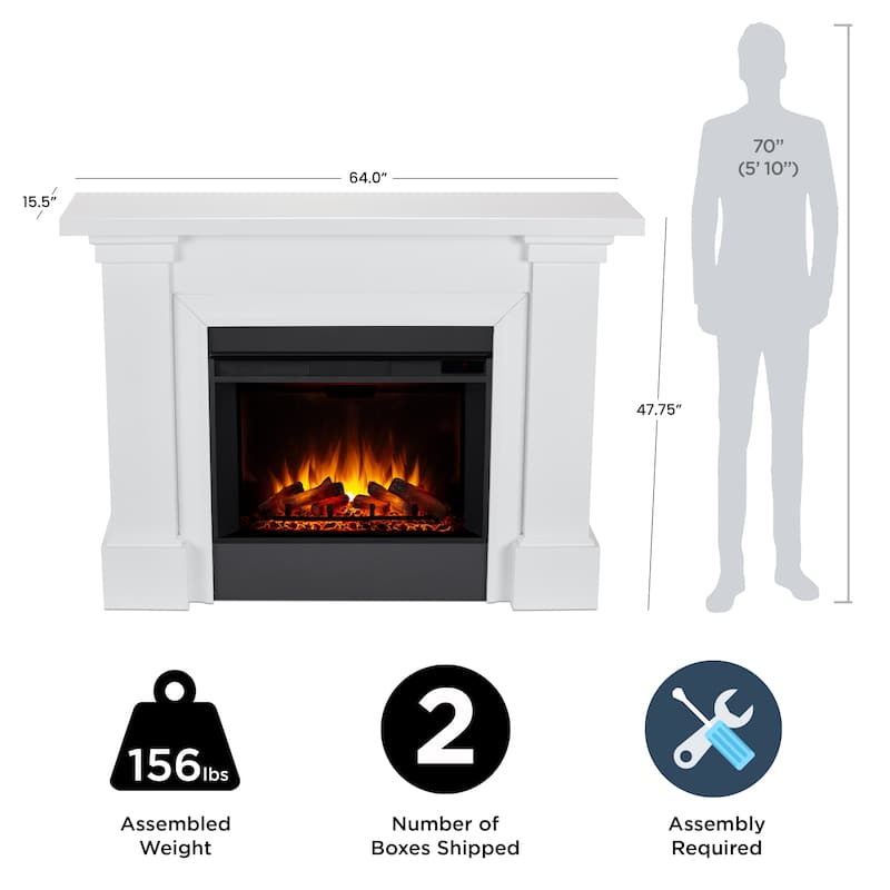 Manus 64" Grand Electric Fireplace in White by Real Flame - 64" L x 15.5" W x 47.75" H