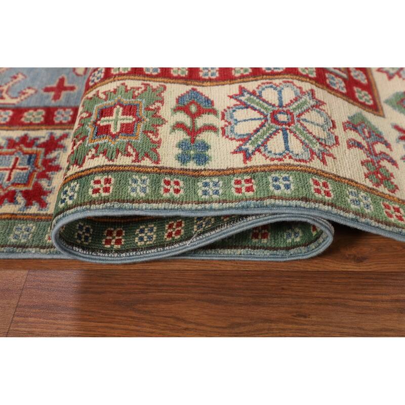 Light Blue Geometric Kazak Rug Living Room Hand-Knotted Wool Carpet - 5'0" x 6'7"