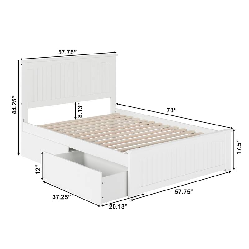Nantucket Full Platform Bed with 2 Bed Drawers in White