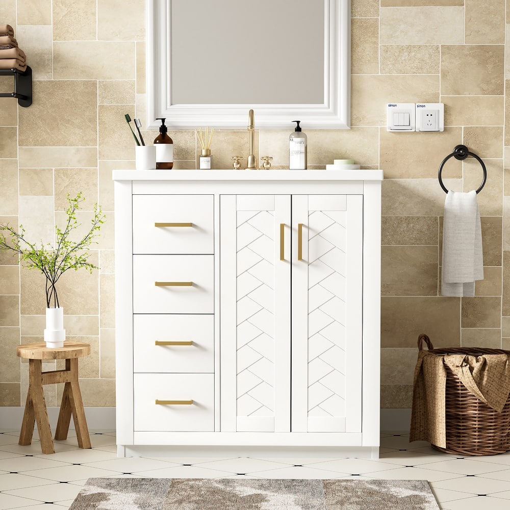 Freestanding Vanity Cabniet for Bathroom with Ceramic Sink, 3 Drawers, Soft Closing Doors and Gold Metal Handles