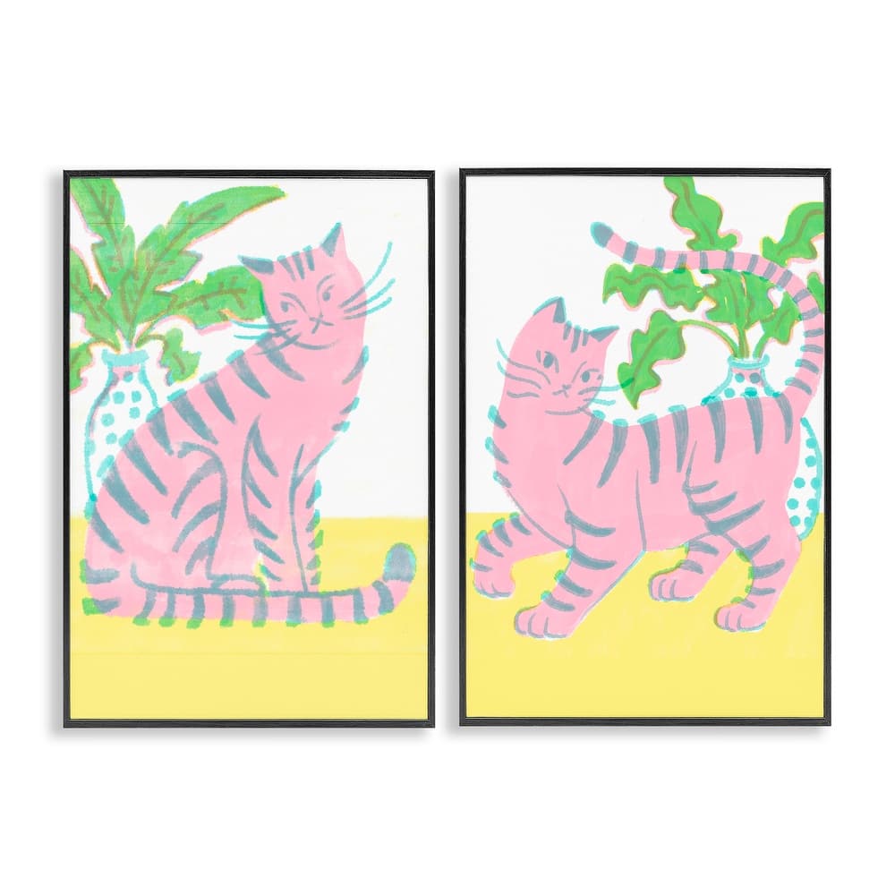 Stupell Pastel Pink Cats & Plants Framed Giclee Art Design By Hannah Moren (Set of 2)