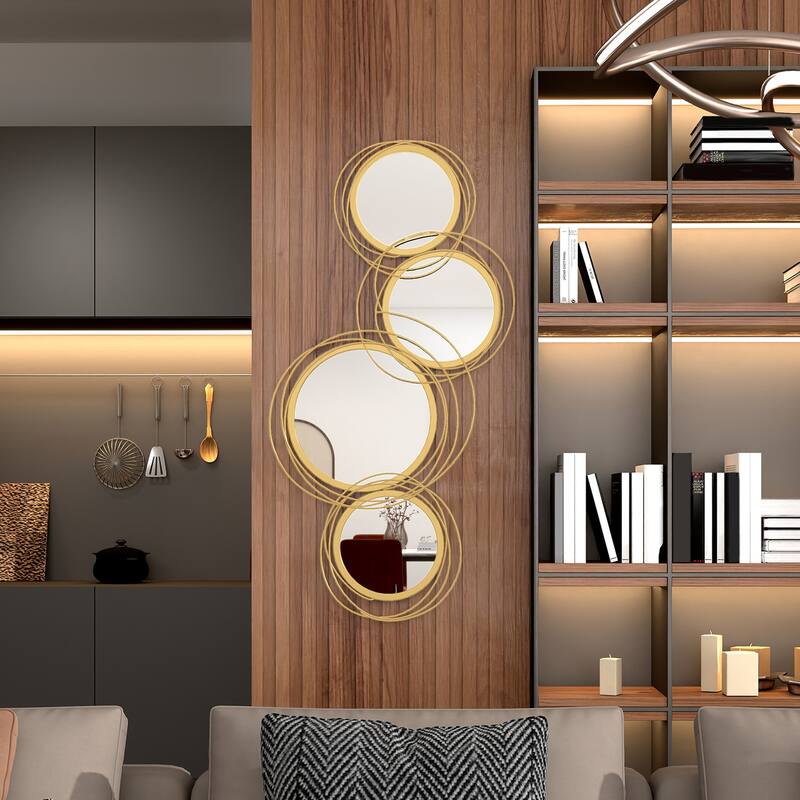 Gold Metal Round Wall Mirror with Thick Glass and Easy Mounting - 42.25"Dia. x 1.5" D x 22” H