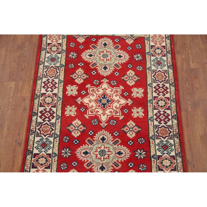 Kazak Oriental Accent Rug Hand-Knotted Red Geometric Wool Carpet - 2'8" x 4'2"
