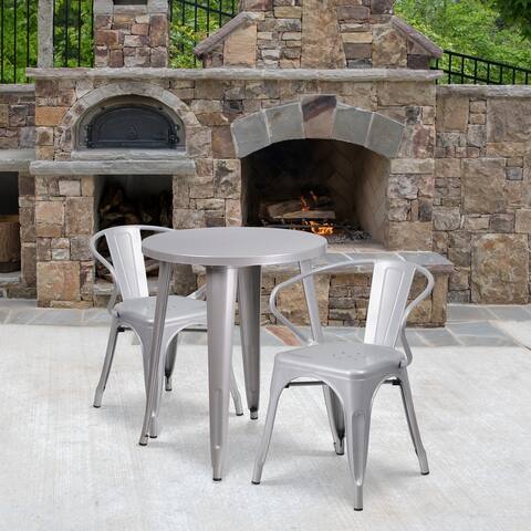 24'' Round Metal Indoor-Outdoor Table Set with 2 Arm Chairs