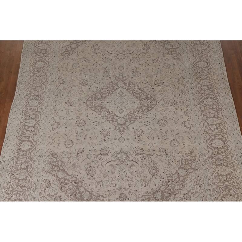 Hand Knotted Oriental 100% Wool Carpet Traditional Floral Beige & Ivories Kashan Area Rug - 12' 5'' X 9' 5''