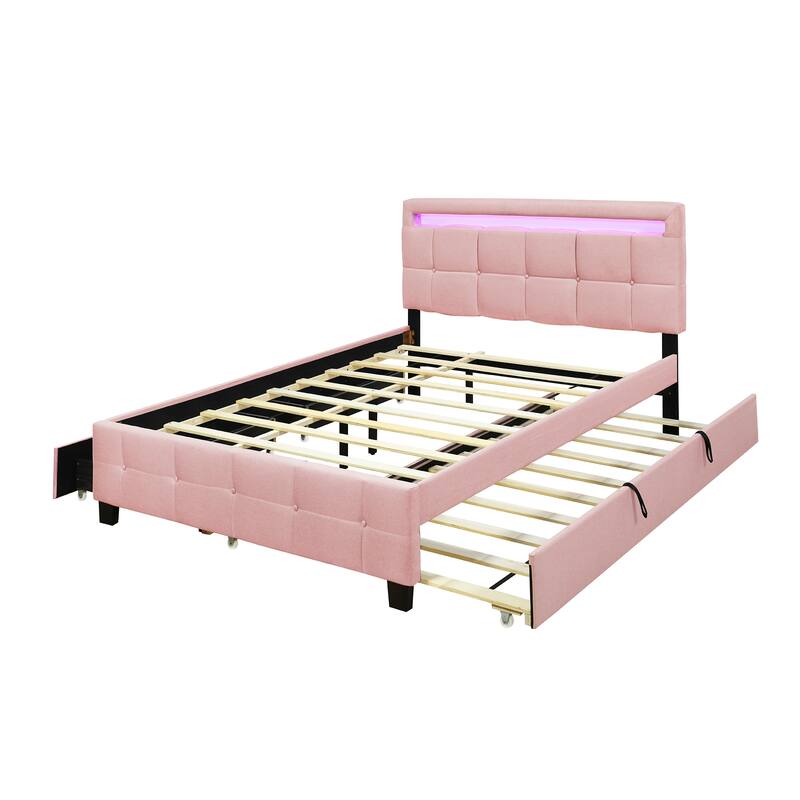 Remote Control LED Headboard Bed Frame Linen Fabric Upholstered Platform Bed with Pull-out Trundle Bed & 2 Drawers