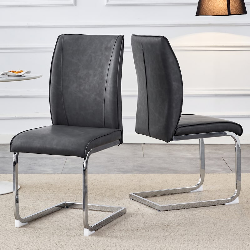 Luxury Simple Arch Chair-Set Of 2 Black Pu Material High Resilience Dining Chair With Arched Metal Silver Leg