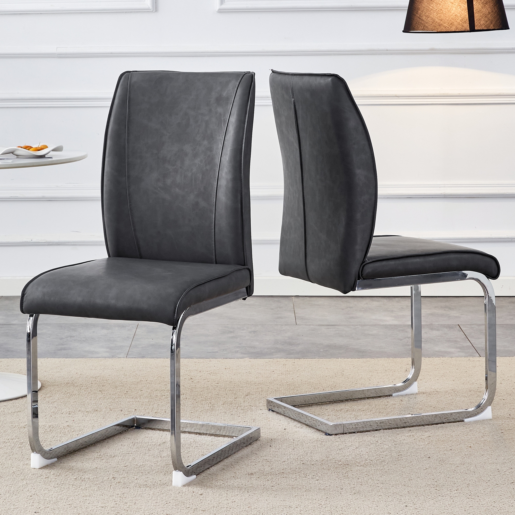 Set of 2 PU Material High Resilience Dining Chair with Arched Metal Silver Leg