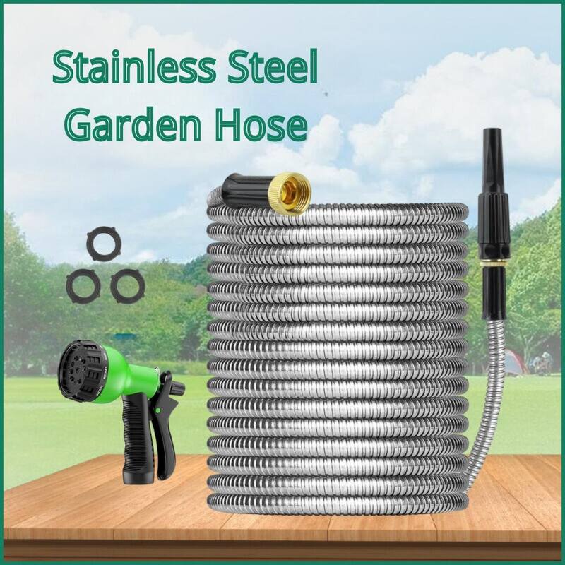 100-Foot Stainless Steel Garden Hose Silver Kink-Resistant Durable Heavy-Duty Outdoor Watering Hose with Connectors - 100 Ft - Silver