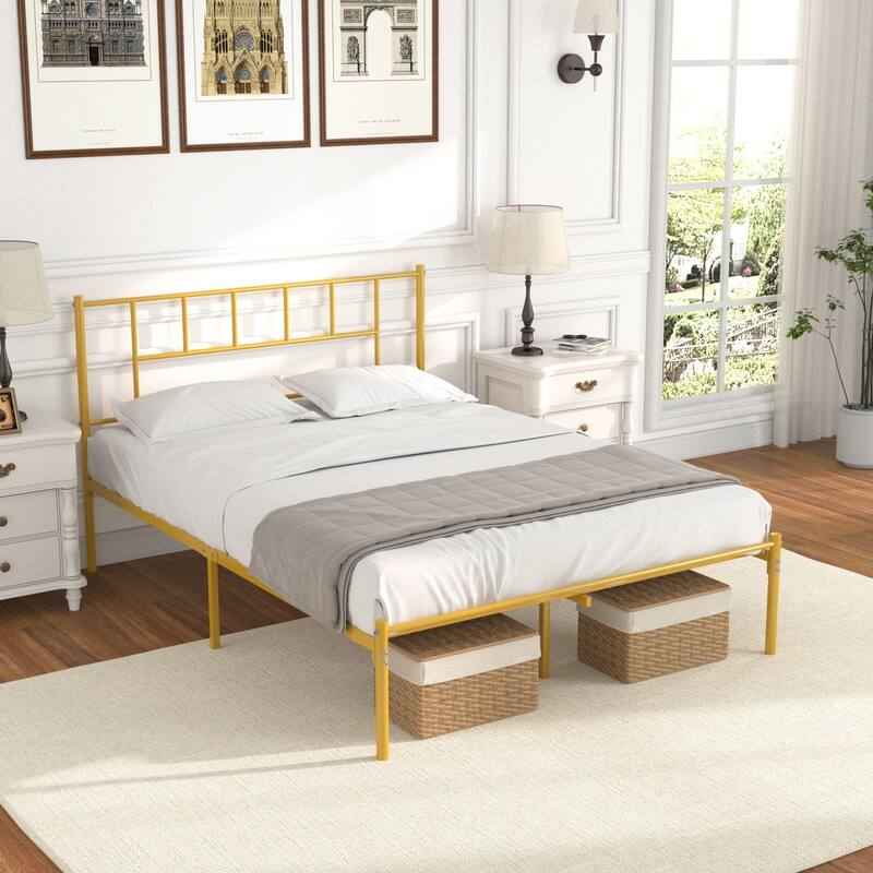 VECELO Victorian Style 14 Inch Metal Platform Bed Frame with Headboard, Heavy Duty Steel Slat Support, No Box Spring Needed