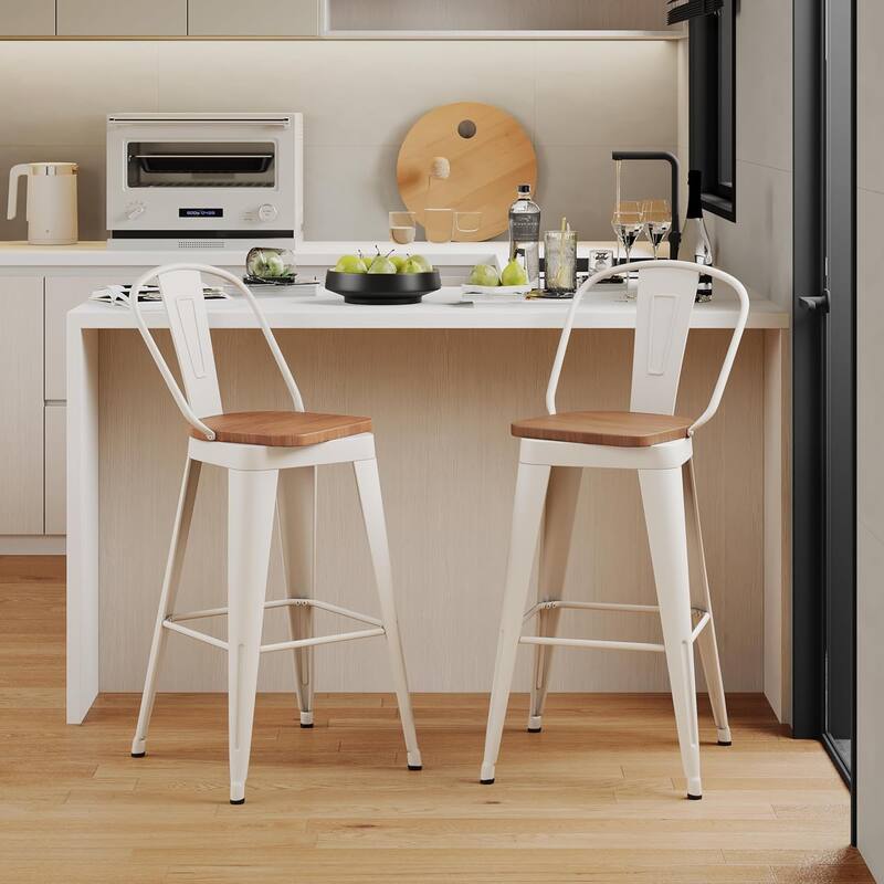 Swivel Counter & Bar Stools with Metal Frame Farmhouse 26" and 30" Seat Height Kitchen Barstools with High Back and Wooden Seat