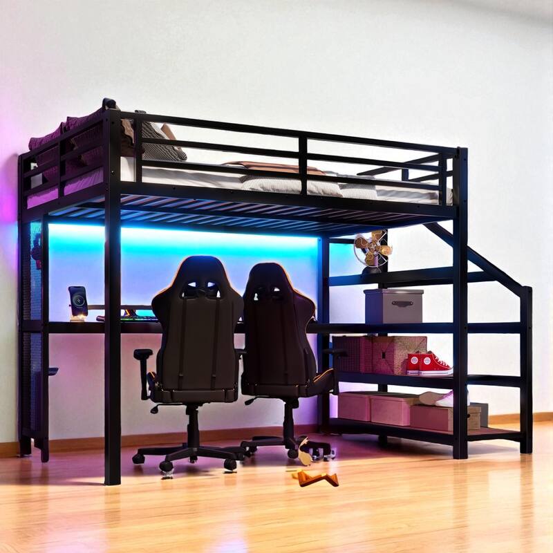 Full/Queen Size Metal Loft Bed with Desk, Storage Stairs, LED Lights, USB Ports and Pegboard, No Box Spring Needed