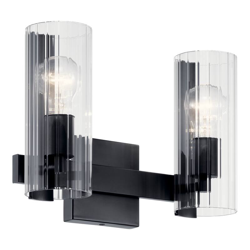 Jemsa 13.75 in. 2-Light Bathroom Vanity Light with Clear Fluted Glass - 13.75 in - Black