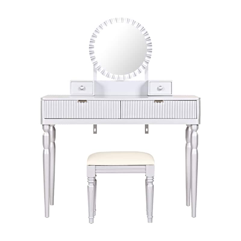 Luxury Vanity Desk with Round Mirror,Height-Adjustable