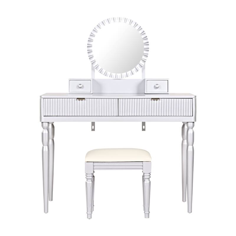 Vanity Desk with Adjustable Round Mirror, Wooden Dressing Table Set, Makeup Vanity Table with 4 Drawers & Cushioned Stool