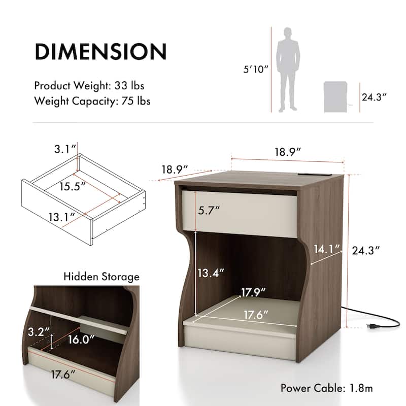 24/7 Shop At Home Modern Chestnut Brown 1-Drawer Nightstand with Charging Station and Hidden Storage
